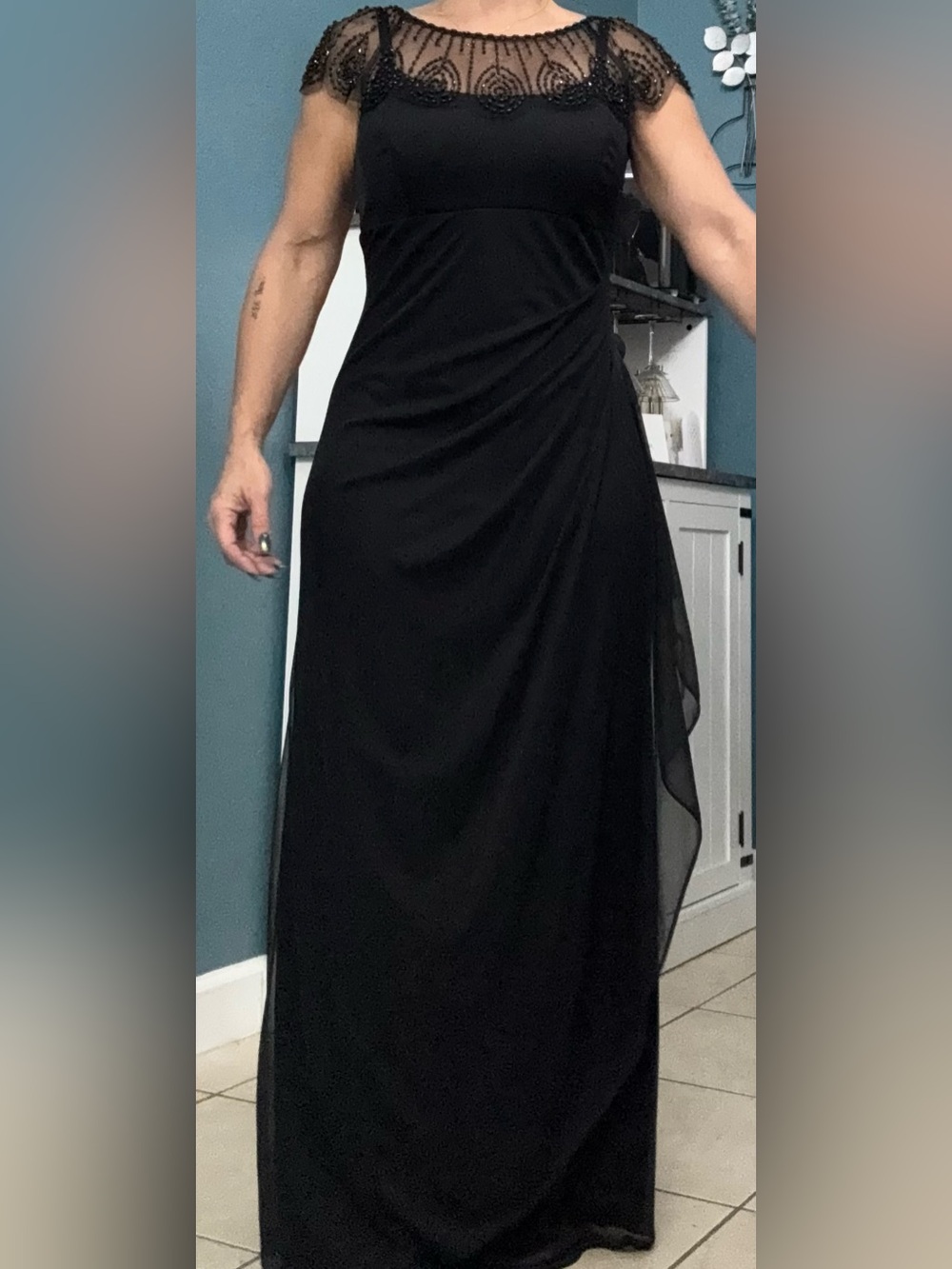 DJ-Jaz elegant gown Black Lace-Trim Draped Maxi dress Sz 10 like New